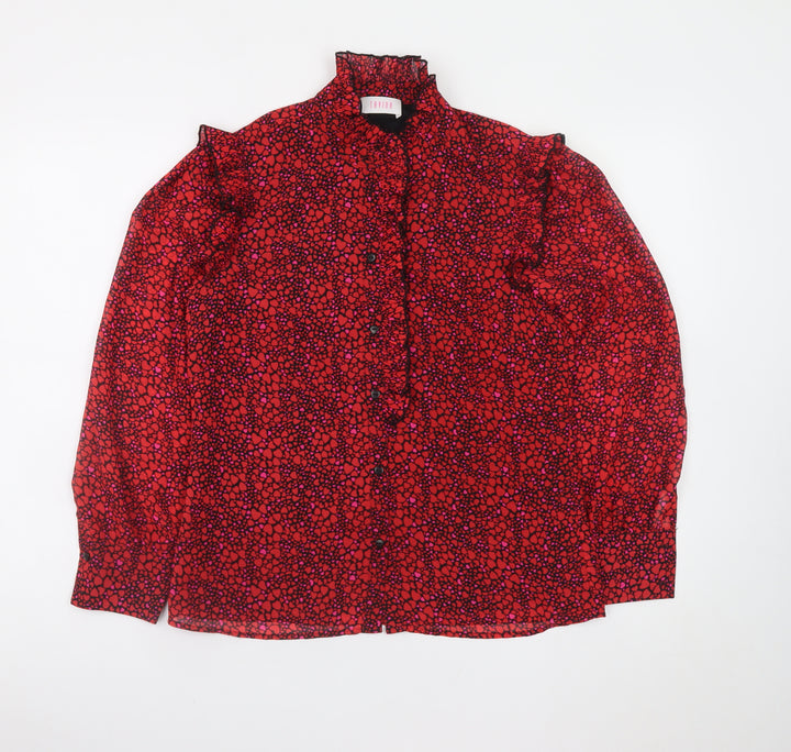 Savida Women's Red Floral Ruffle Long Sleeve Blouse XS