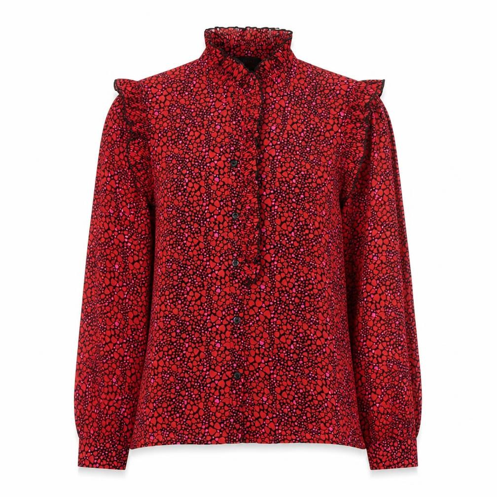 Front view of Savida Women's Red Floral Ruffle Long Sleeve Blouse XS