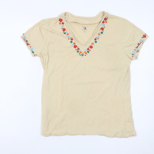 Tommy Hilfiger Womens Beige Embroidered V-Neck Cotton T-Shirt M