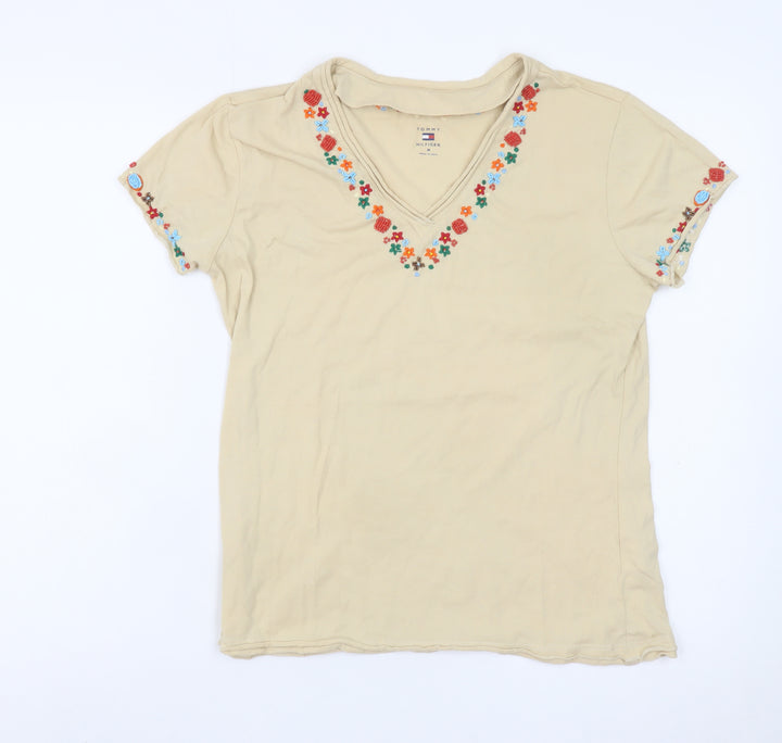 Tommy Hilfiger Womens Beige Embroidered V-Neck Cotton T-Shirt M
