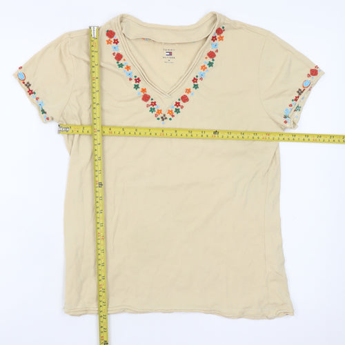 Tommy Hilfiger Womens Beige Embroidered V-Neck Cotton T-Shirt M