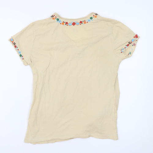 Tommy Hilfiger Womens Beige Embroidered V-Neck Cotton T-Shirt M