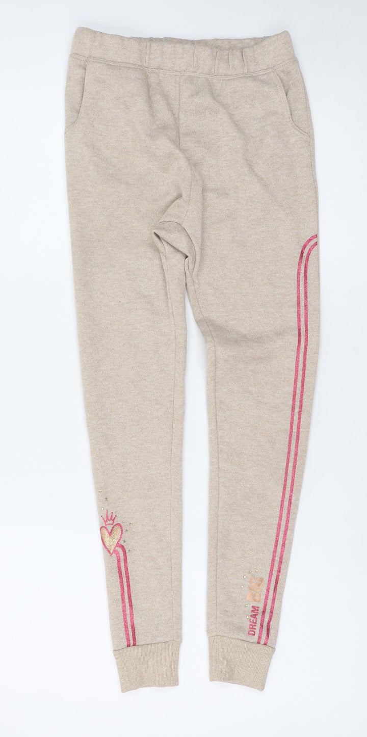 Disney Girls Beige Jogger Sweatpants 7-8 Years Dream Big Glitter Heart Trim