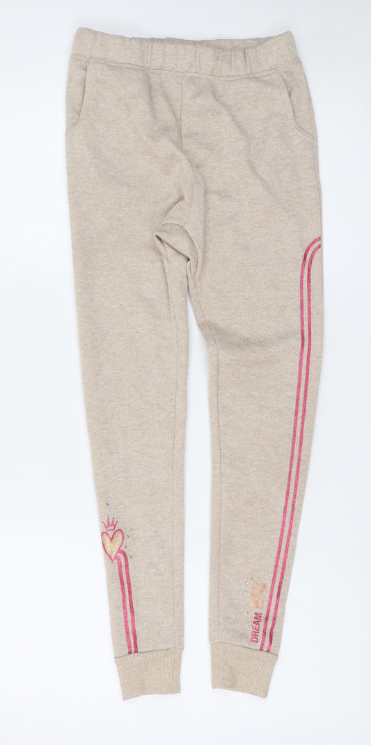 Disney Girls Beige Jogger Sweatpants 7-8 Years Dream Big Glitter Heart Trim