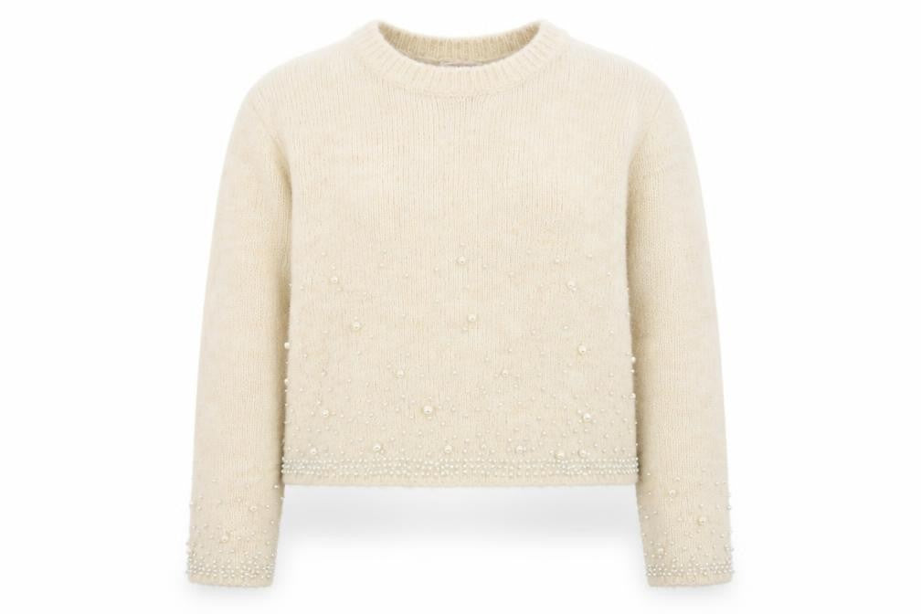 Front view of Savida women’s beige beaded knit jumper, size UK 16