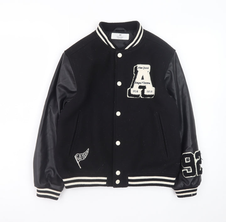 H&M Boys Black Varsity Jacket 8-9 Years Polyester Button Up Lined