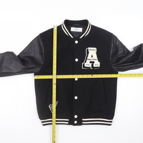 H&M Boys Black Varsity Jacket 8-9 Years Polyester Button Up Lined