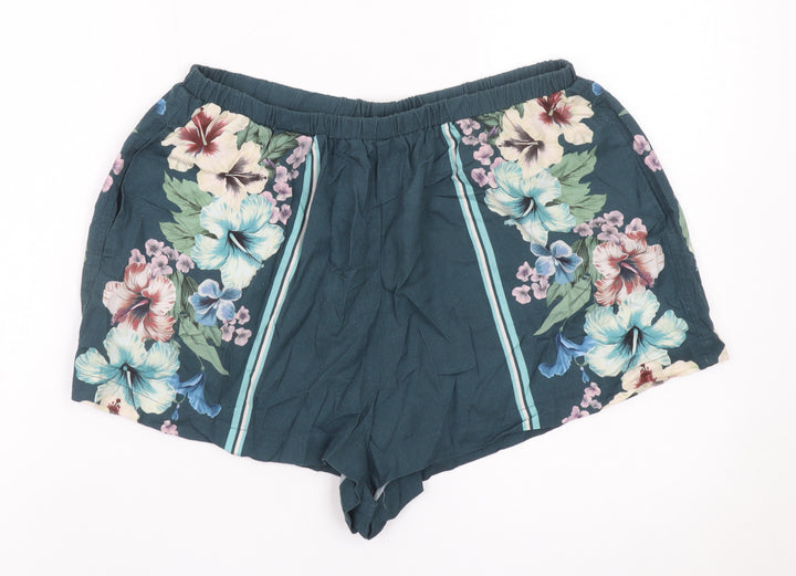 Next Women’s Blue Floral Pull-On Shorts Linen Viscose UK 14P