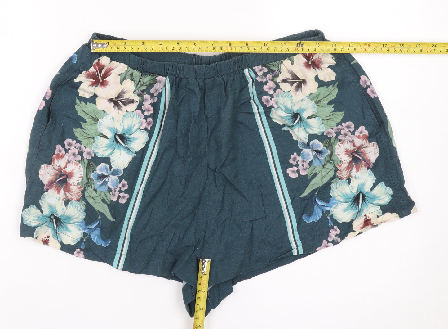 Next Women’s Blue Floral Pull-On Shorts Linen Viscose UK 14P