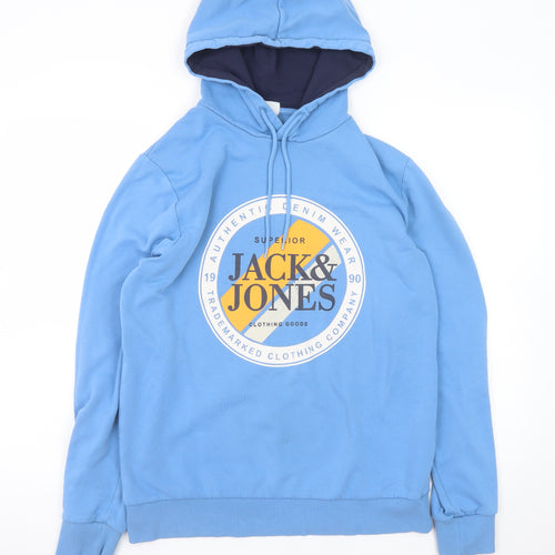 Jack & Jones Mens Blue Pullover Hoodie L Graphic Print Casual Sweatshirt