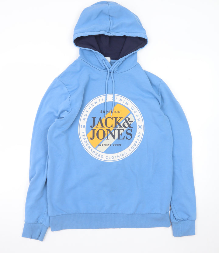Jack & Jones Mens Blue Pullover Hoodie L Graphic Print Casual Sweatshirt