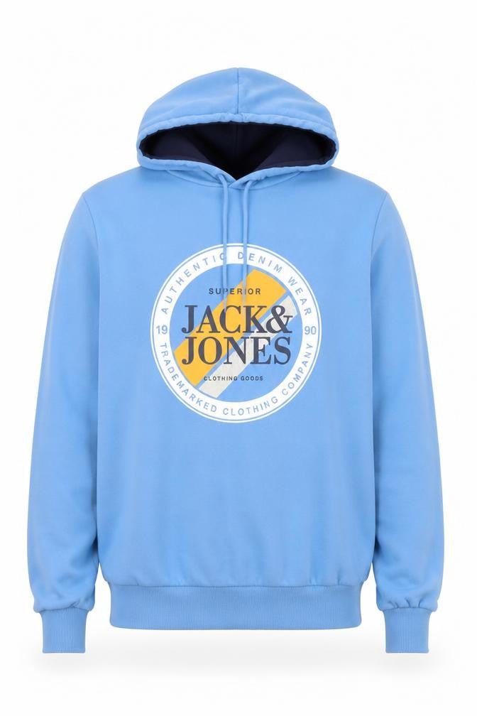Jack & Jones Mens Blue Pullover Hoodie L Graphic Print Casual Sweatshirt