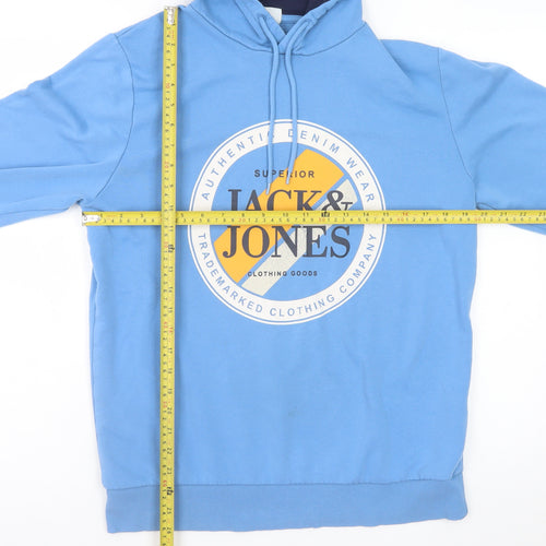Jack & Jones Mens Blue Pullover Hoodie L Graphic Print Casual Sweatshirt