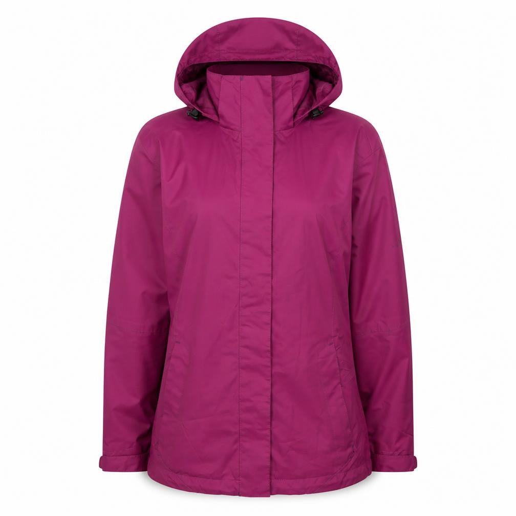 Front view of McKINLEY women’s pink waterproof hooded rain coat jacket, size UK 12