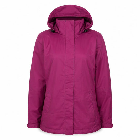 Front view of McKINLEY women’s pink waterproof hooded rain coat jacket, size UK 12