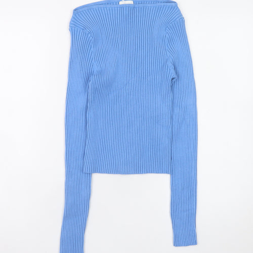 H&M Womens Blue Boat Neck Ribbed Knit Slim Fit Pullover Jumper Size 12