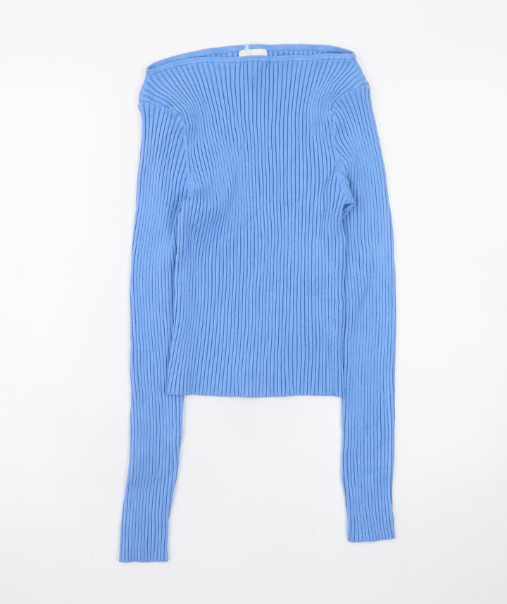 H&M Womens Blue Boat Neck Ribbed Knit Slim Fit Pullover Jumper Size 12