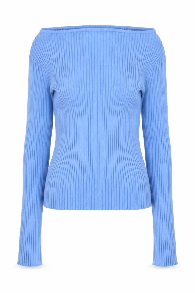 H&M Womens Blue Boat Neck Ribbed Knit Slim Fit Pullover Jumper Size 12