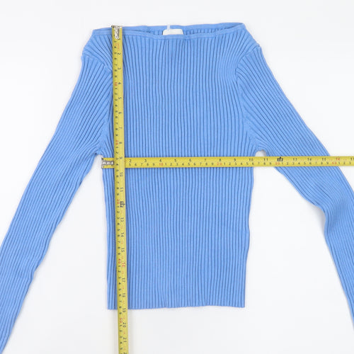 H&M Womens Blue Boat Neck Ribbed Knit Slim Fit Pullover Jumper Size 12
