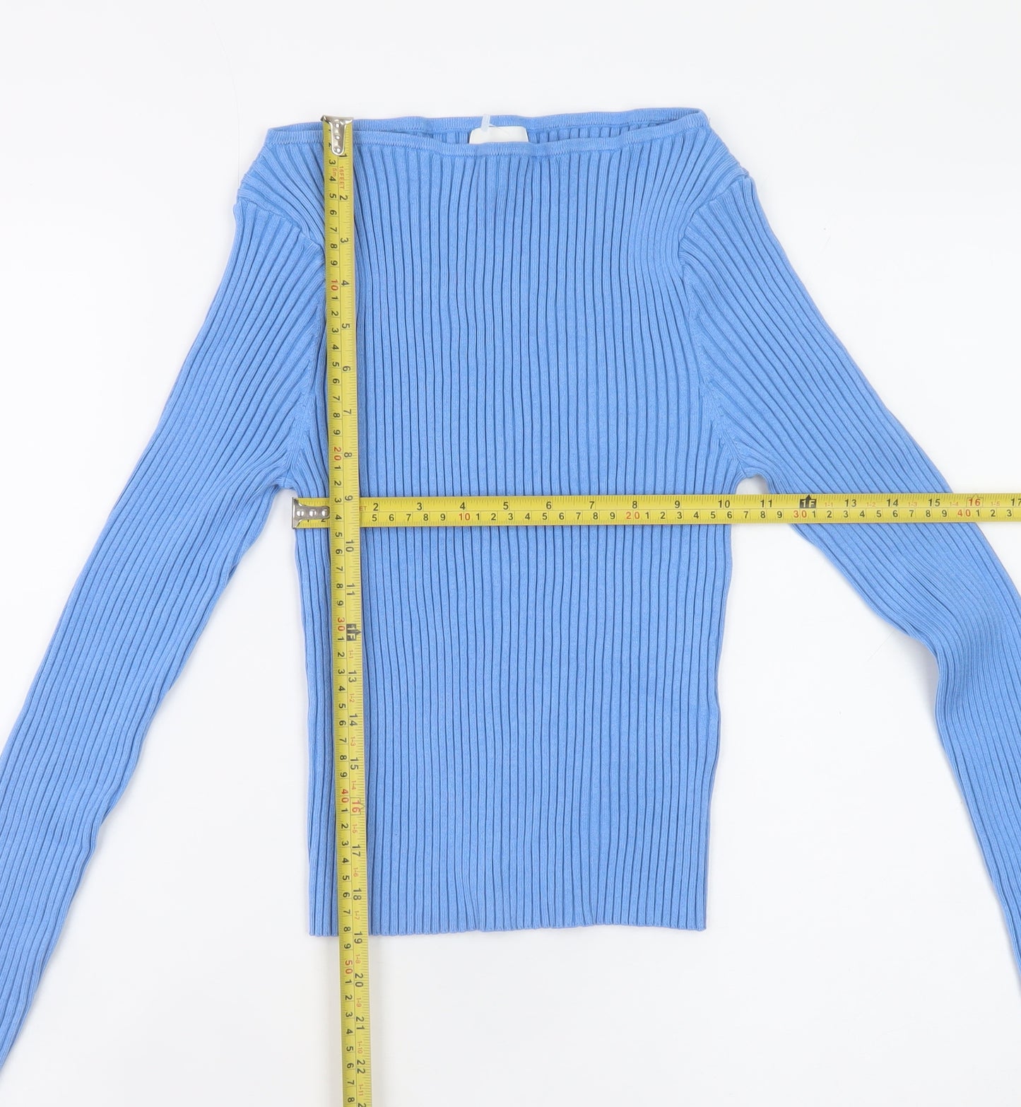 H&M Womens Blue Boat Neck Ribbed Knit Slim Fit Pullover Jumper Size 12