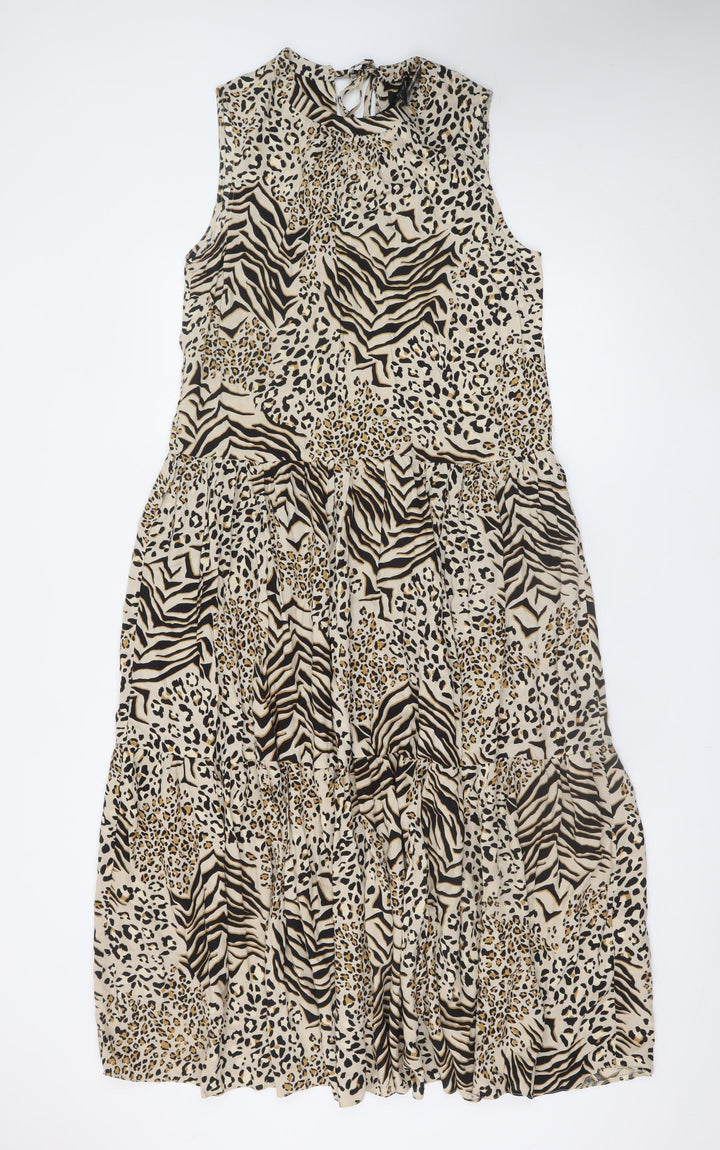 New Look Women Beige Animal Print Midi A-Line Sleeveless Dress Size 12