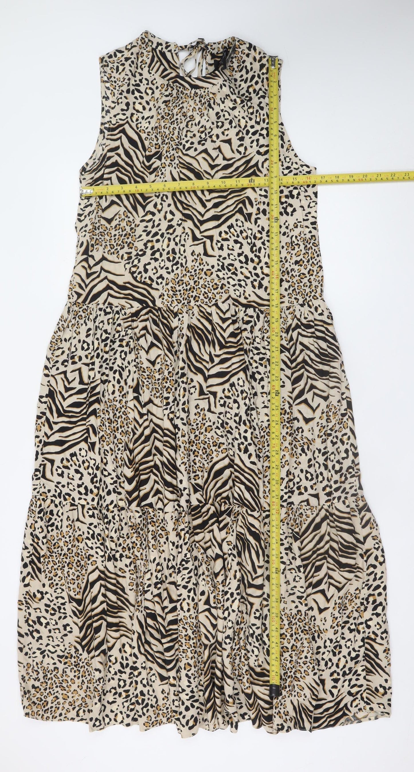 New Look Women Beige Animal Print Midi A-Line Sleeveless Dress Size 12