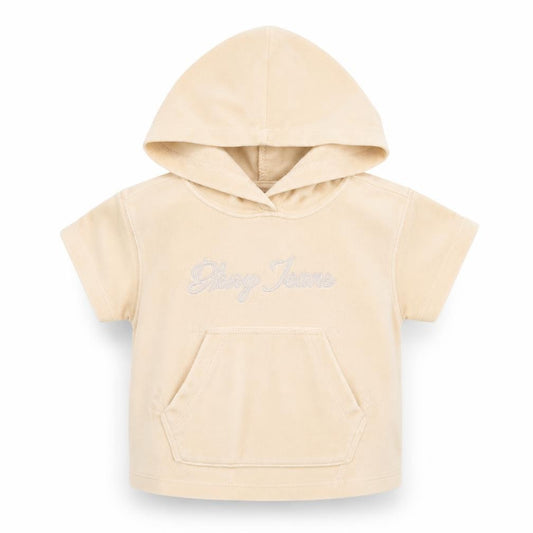 Front view of DKNY Jeans girls’ beige hooded short sleeve casual top 12 months polyester blend