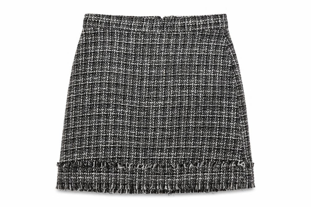 Front view of Warehouse Women Black Tweed Check Pencil Skirt, size 10