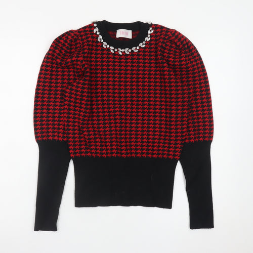 Savida Women Red & Black Houndstooth Jewel Crew Neck Jumper Size 12
