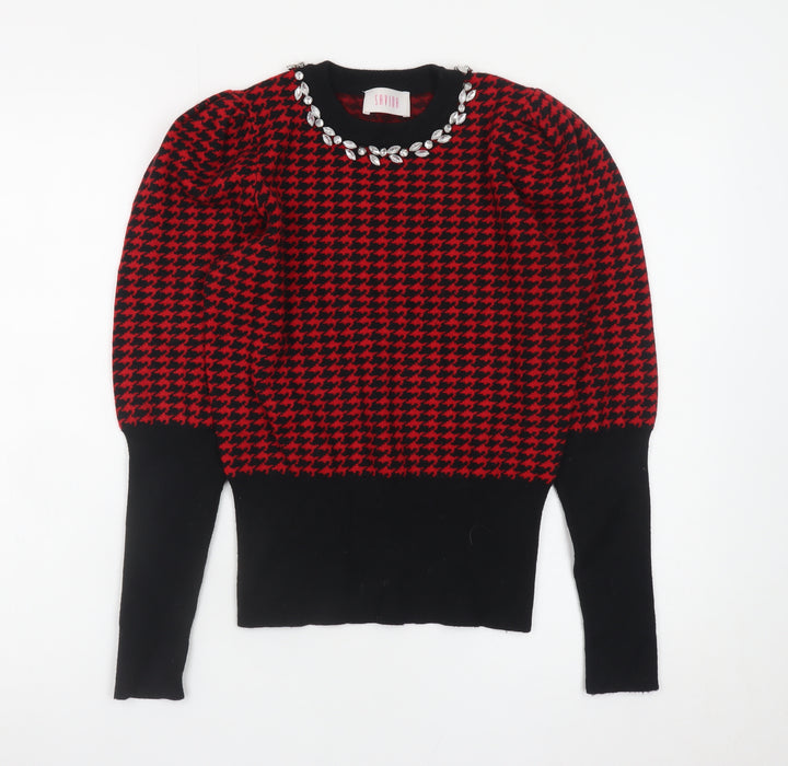 Savida Women Red & Black Houndstooth Jewel Crew Neck Jumper Size 12