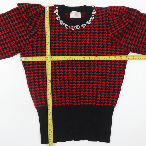 Savida Women Red & Black Houndstooth Jewel Crew Neck Jumper Size 12