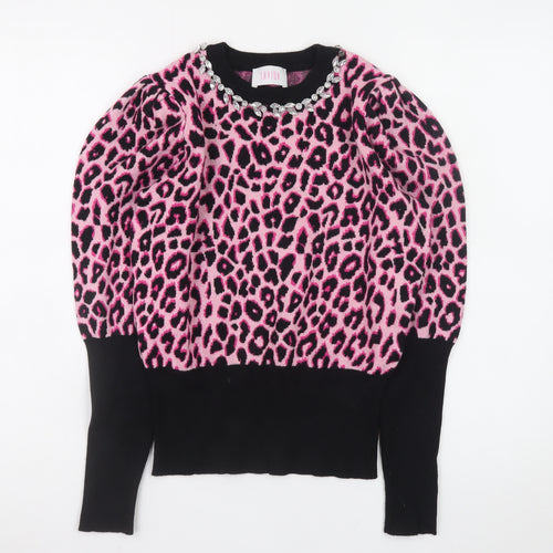 Savida Women's Pink Leopard Jewel Neck Puff Sleeve Jumper Size 12