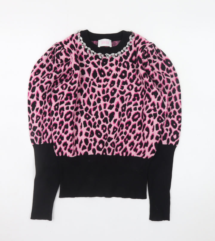 Savida Women's Pink Leopard Jewel Neck Puff Sleeve Jumper Size 12