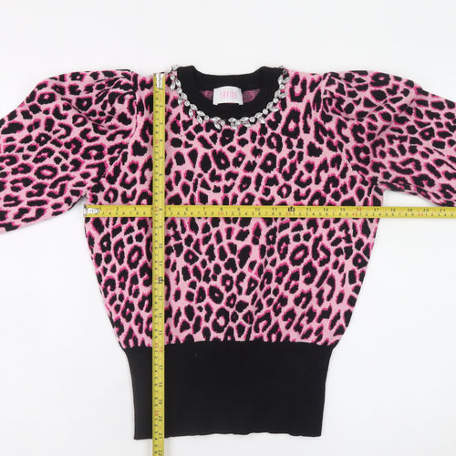 Savida Women's Pink Leopard Jewel Neck Puff Sleeve Jumper Size 12