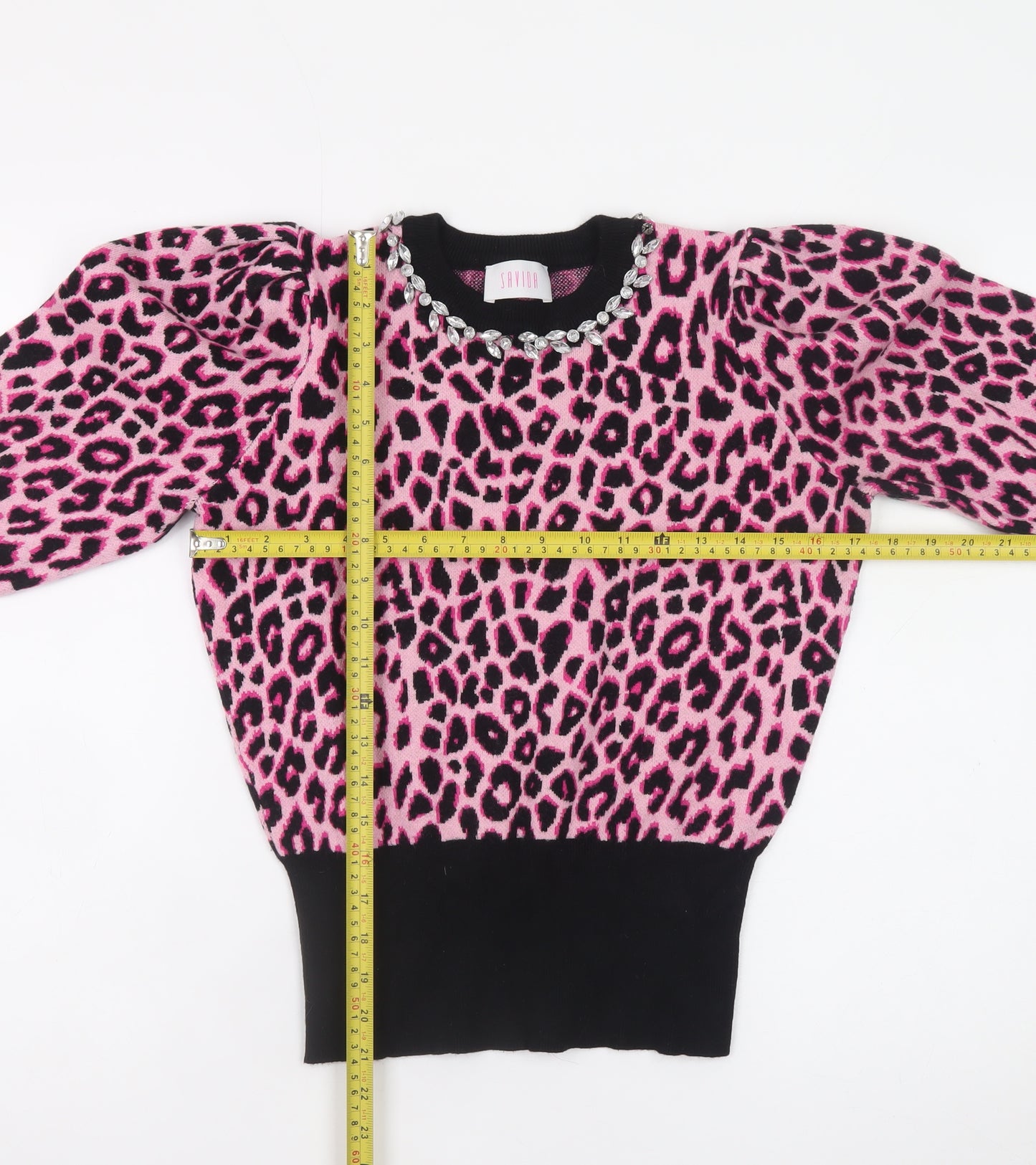 Savida Women's Pink Leopard Jewel Neck Puff Sleeve Jumper Size 12