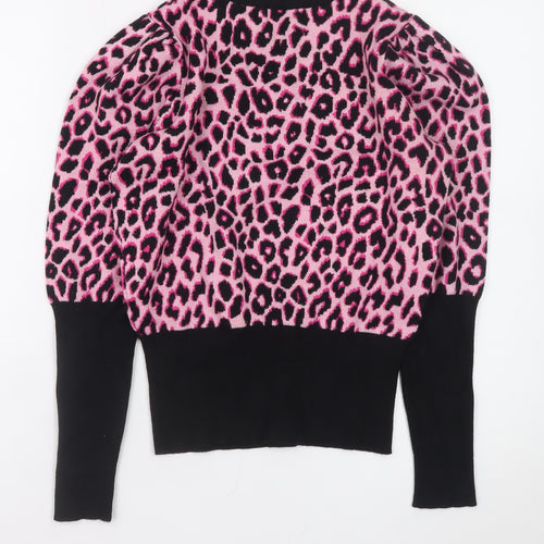 Savida Women's Pink Leopard Jewel Neck Puff Sleeve Jumper Size 12