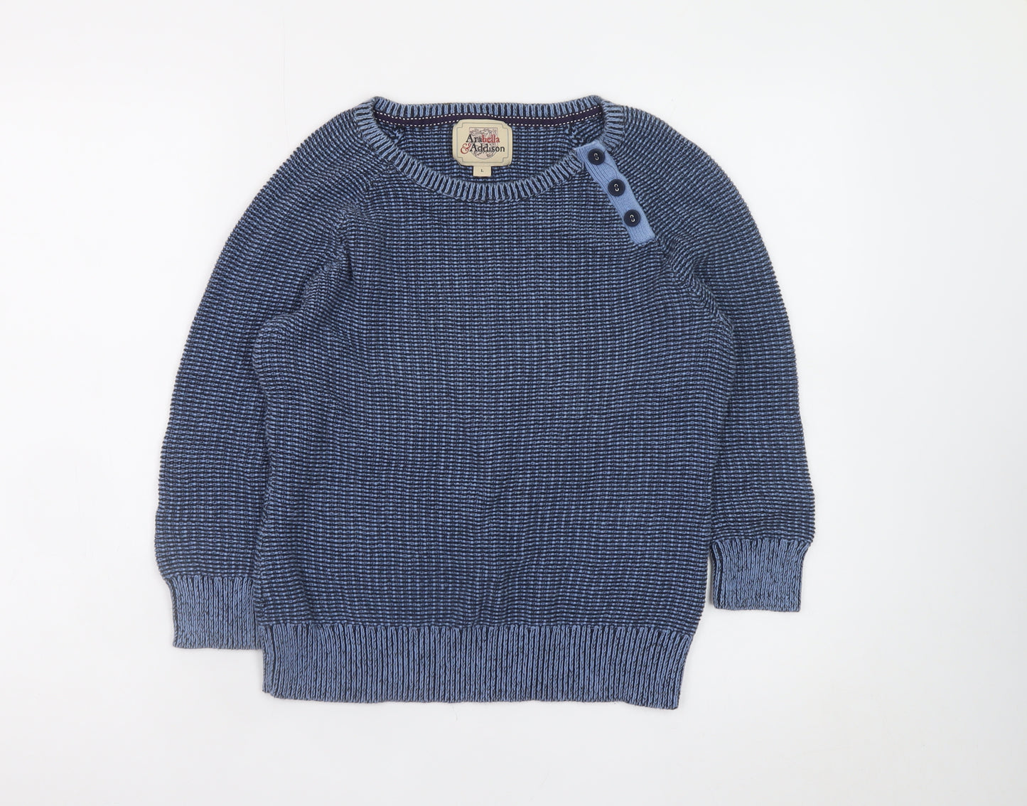 Arabella & Addison Men's Blue Cotton Button Crew Neck Jumper Size L