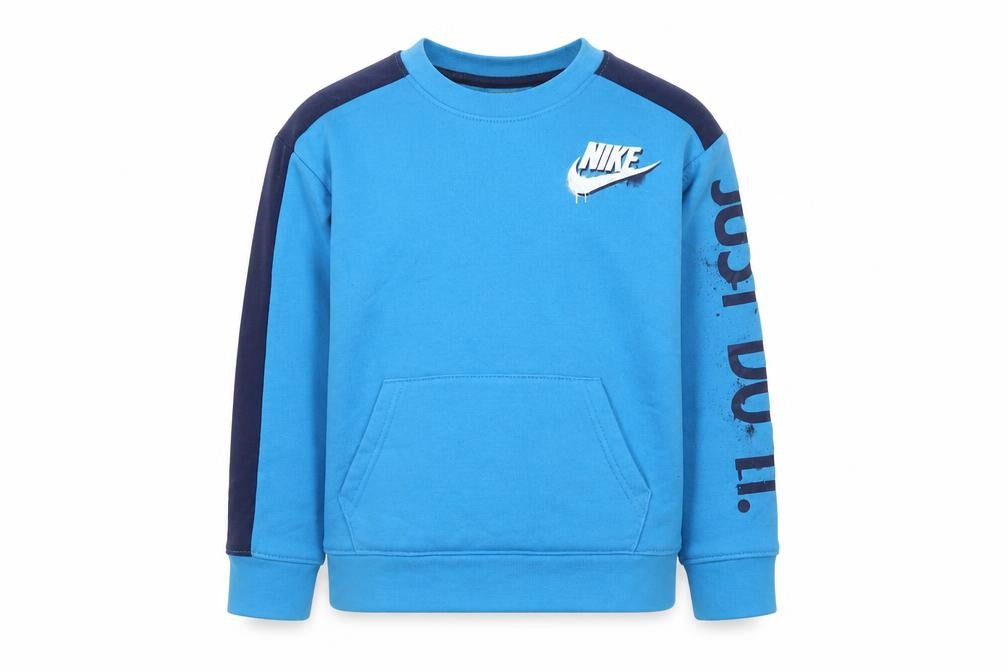 Front view of Nike boys’ blue crew neck sweatshirt 6-7 years just do it graphic