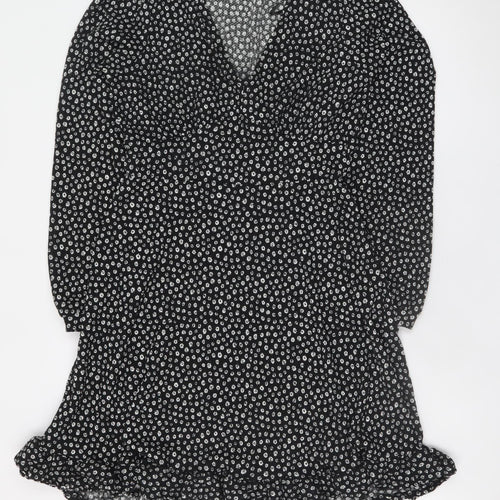 Dunnes Women’s Black Floral Mini Dress Size 8 V-Neck Long Sleeve