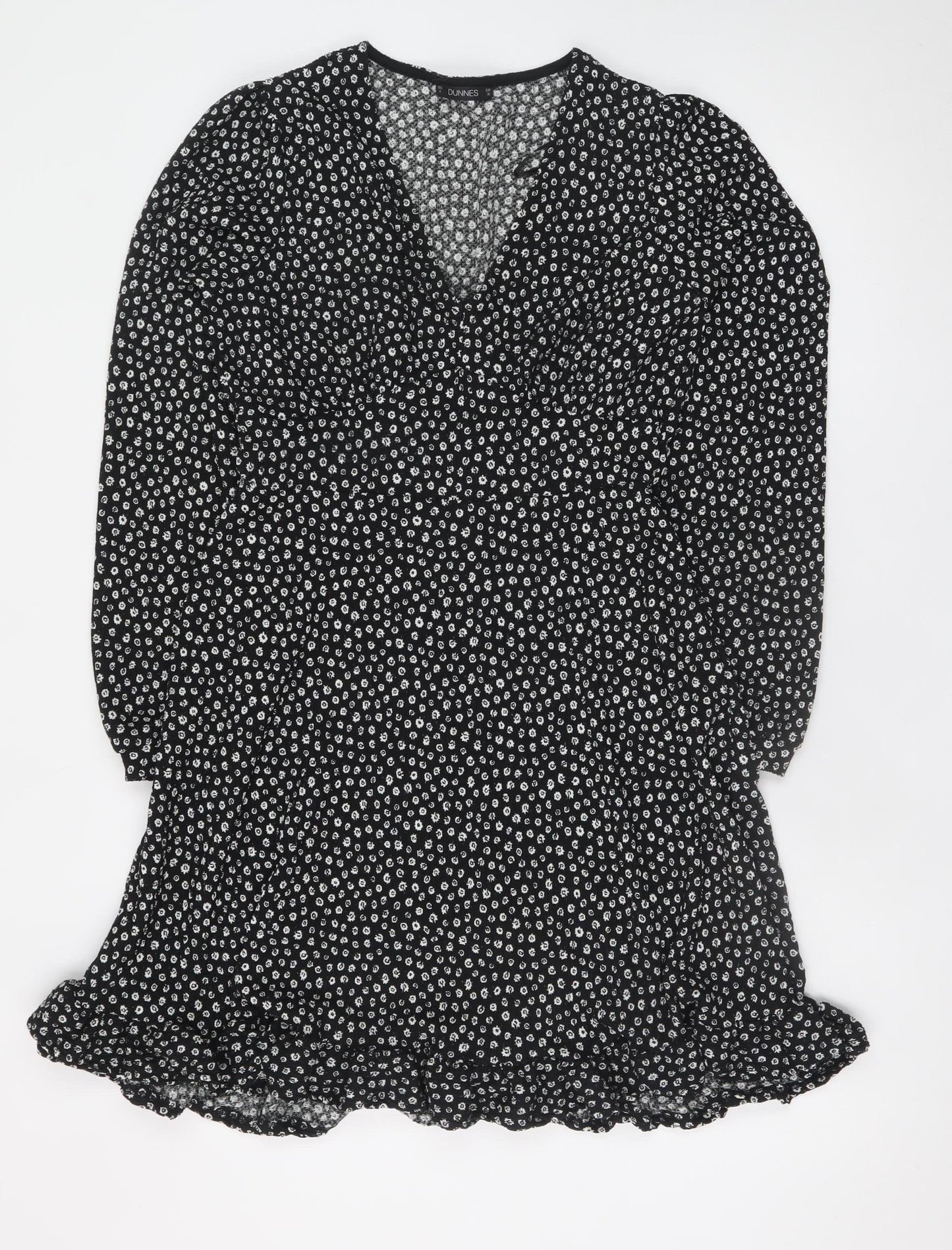 Dunnes Women’s Black Floral Mini Dress Size 8 V-Neck Long Sleeve