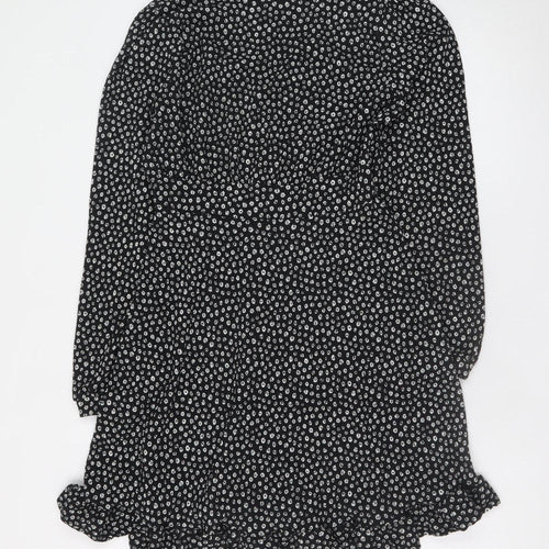 Dunnes Women’s Black Floral Mini Dress Size 8 V-Neck Long Sleeve