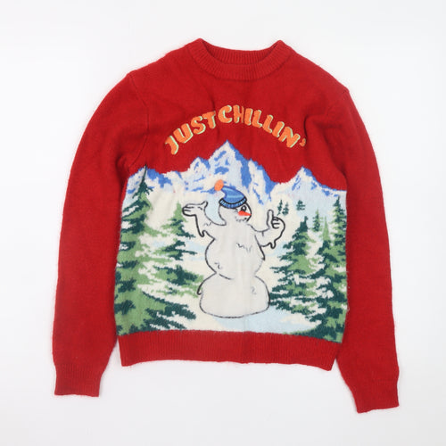Marks and Spencer Boys Red Christmas Jumper 10-11 Years Just Chillin' Snowman Knit