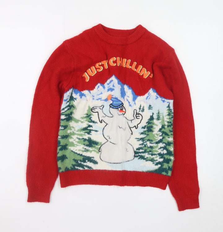 Marks and Spencer Boys Red Christmas Jumper 10-11 Years Just Chillin' Snowman Knit