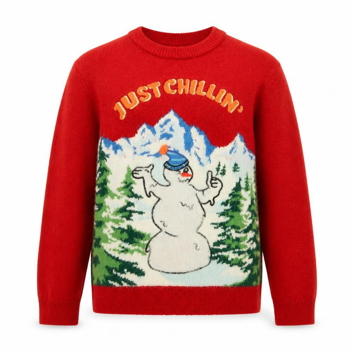 Front view of Marks & Spencer boys’ red christmas jumper 10-11 years just chillin' snowman knit
