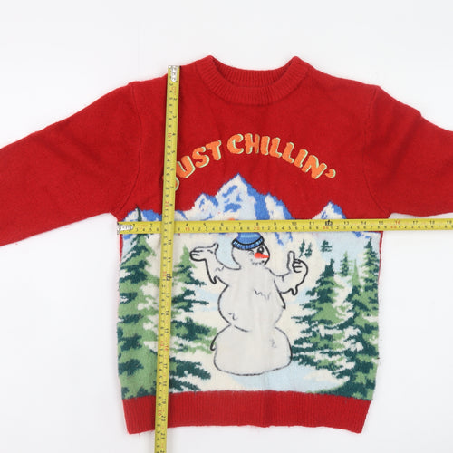 Marks and Spencer Boys Red Christmas Jumper 10-11 Years Just Chillin' Snowman Knit