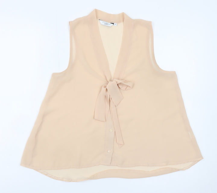 New Look Women Beige Sleeveless Bow Neck Chiffon Blouse Size 8