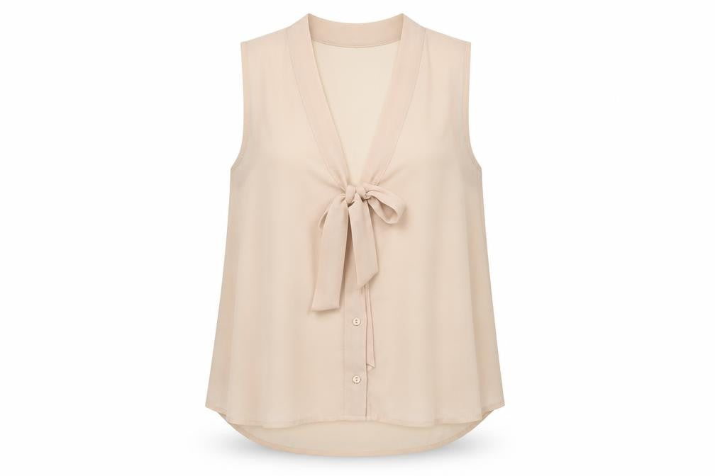 New Look Women Beige Sleeveless Bow Neck Chiffon Blouse Size 8