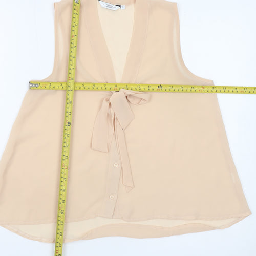 New Look Women Beige Sleeveless Bow Neck Chiffon Blouse Size 8