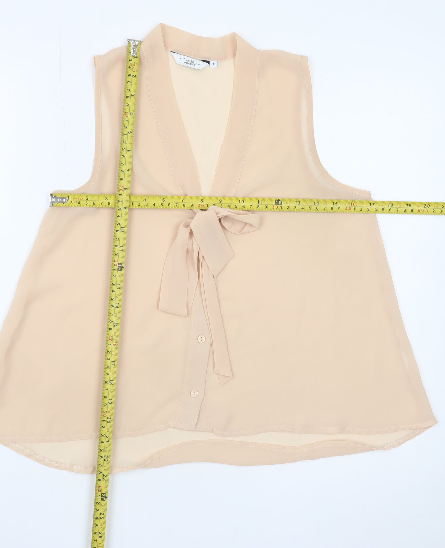 New Look Women Beige Sleeveless Bow Neck Chiffon Blouse Size 8