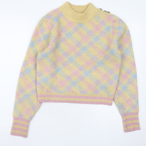 Zara Women's Multicoloured Mock Neck Argyle Wool Blend Jumper S